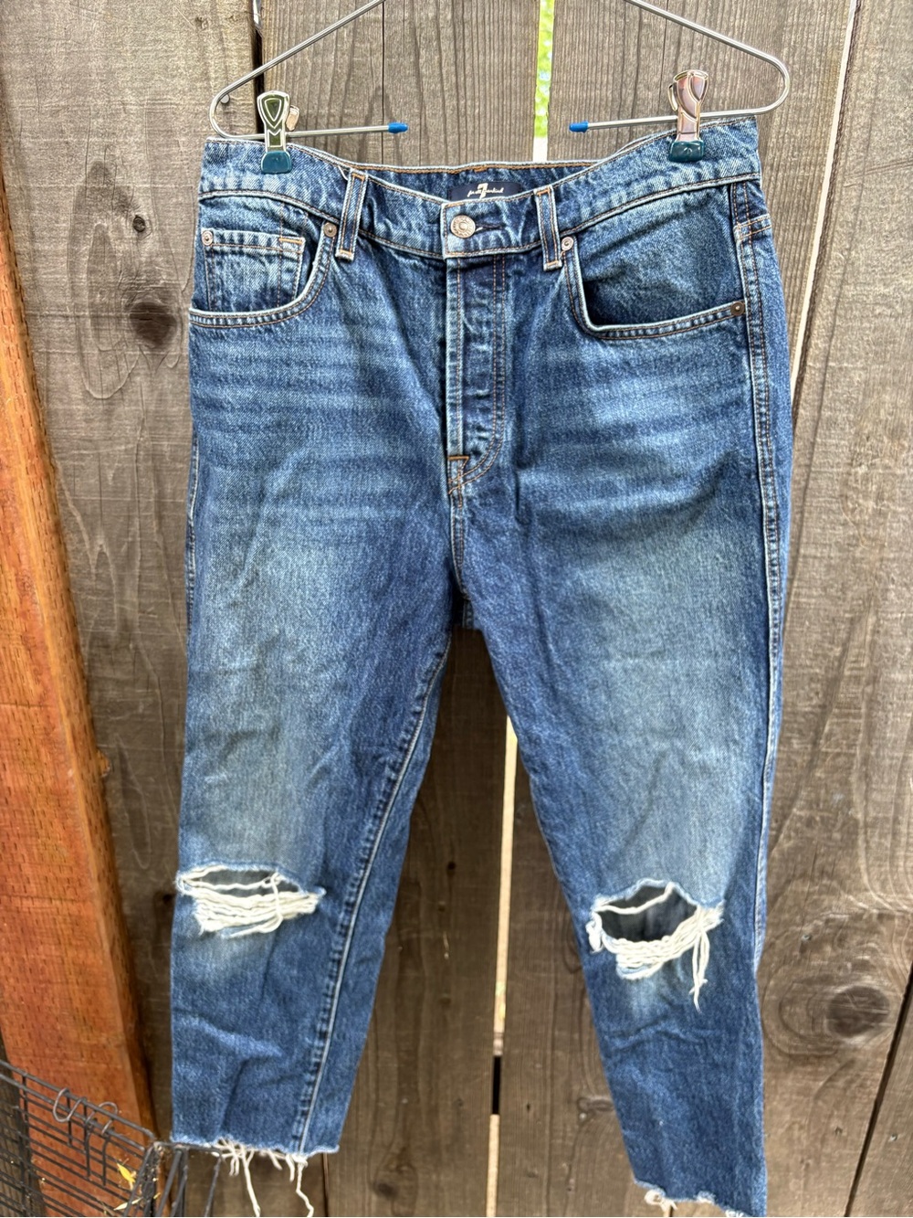 7 For All Mankind Distressed Blue Slim Straight Jeans